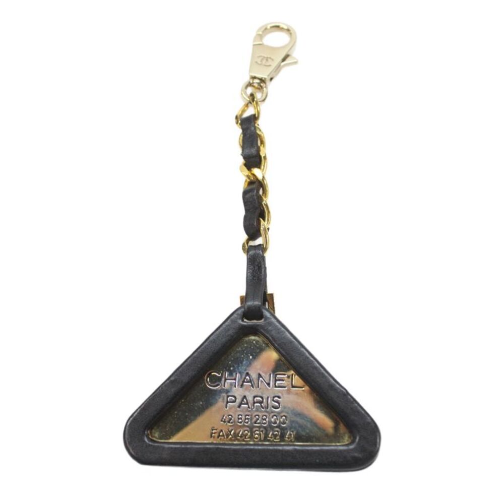 Chanel Womens Leather Gold Plated Triangle 94P Keychain Black